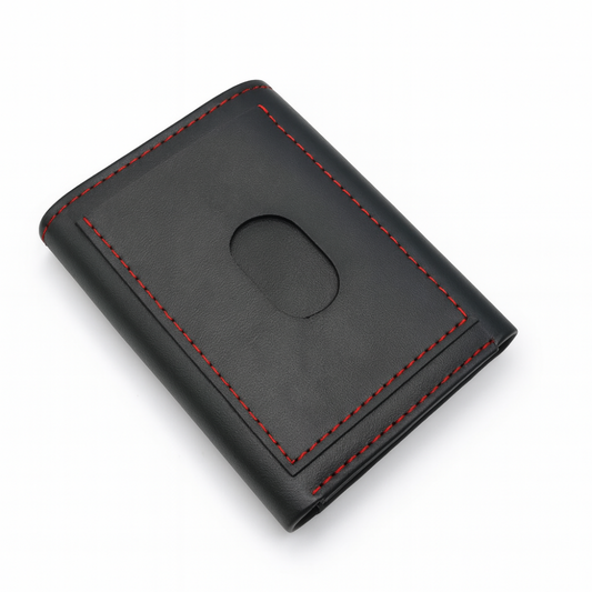 Black Leather Tri Fold Wallet with Red Stitching