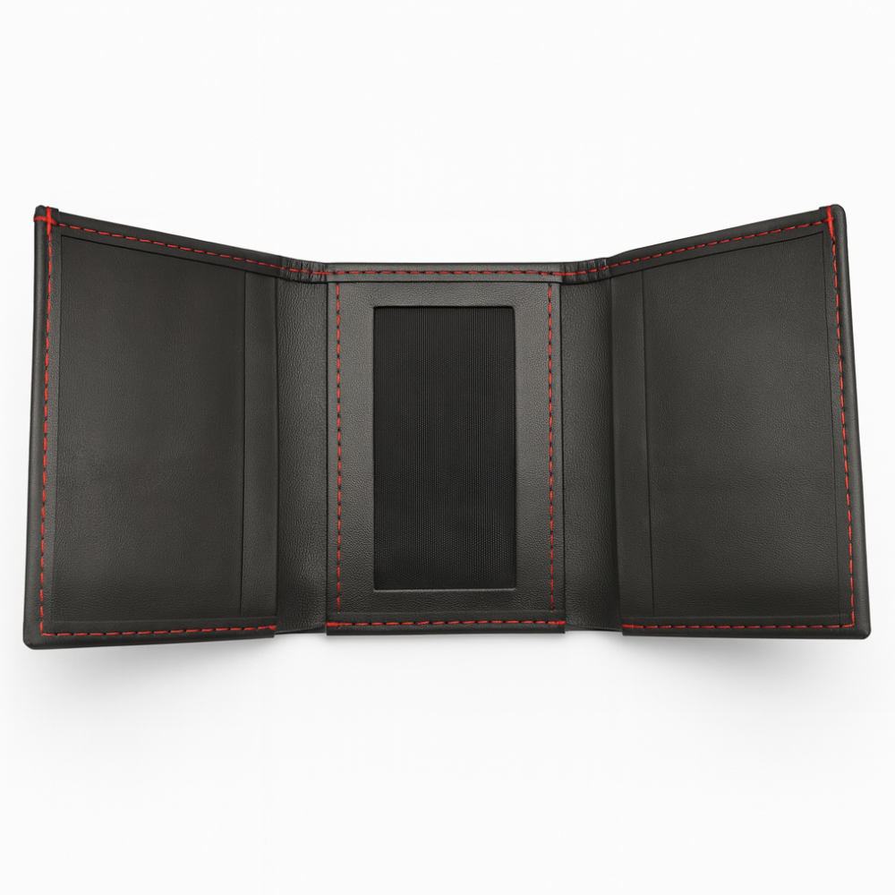 Black Leather Tri Fold Wallet with Red Stitching