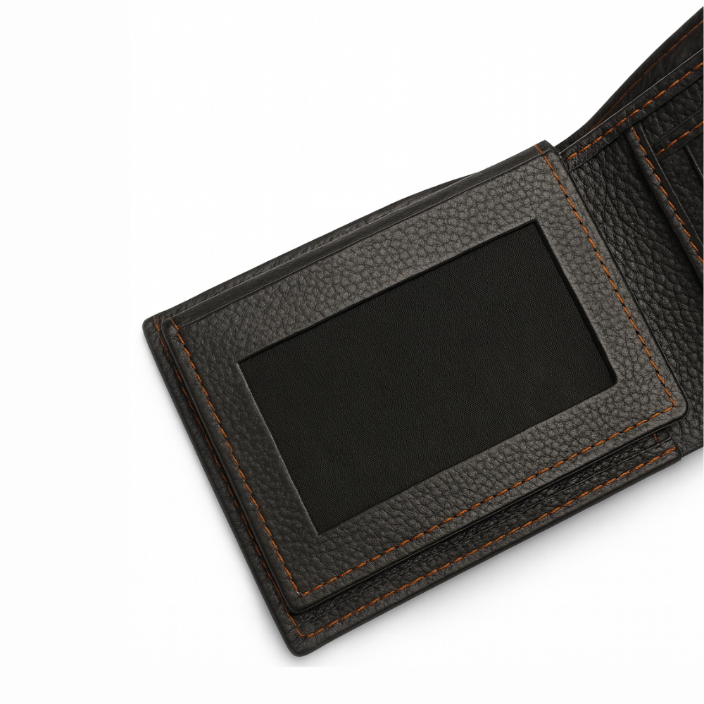 Leather Wallet - Black with Contrast Orange Stitching