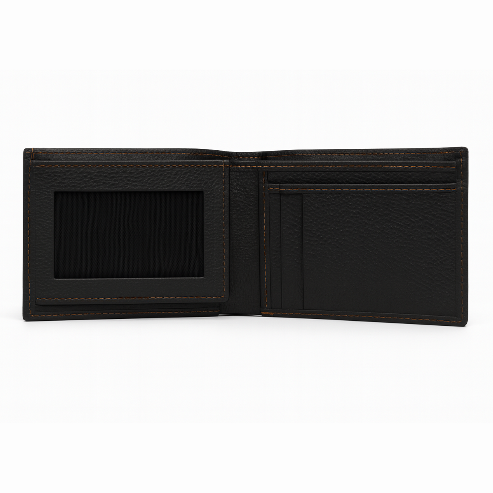 Leather Wallet - Black with Contrast Orange Stitching