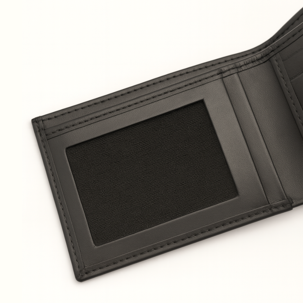 Men’s Black Plain Leather Bifold Wallet with ID Window