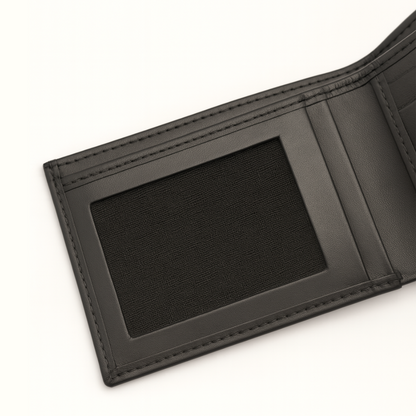 Men’s Black Plain Leather Bifold Wallet with ID Window