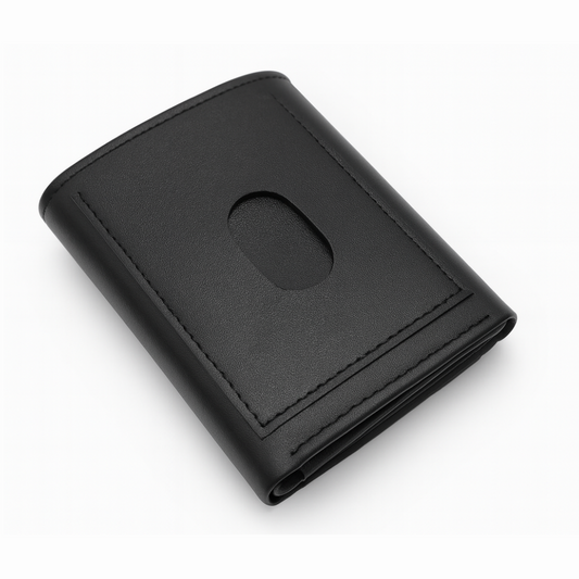Black Leather Tri Fold Wallet with ID Window