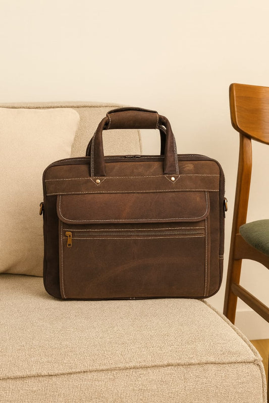 Genuine Leather Laptop Bag Handmade Briefcase with Shoulder Strap