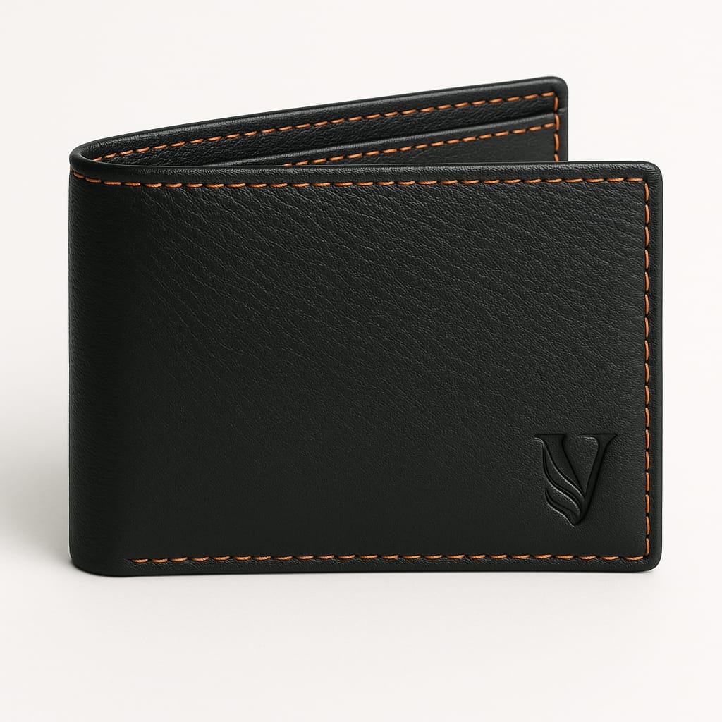 Leather Wallet - Black with Contrast Orange Stitching
