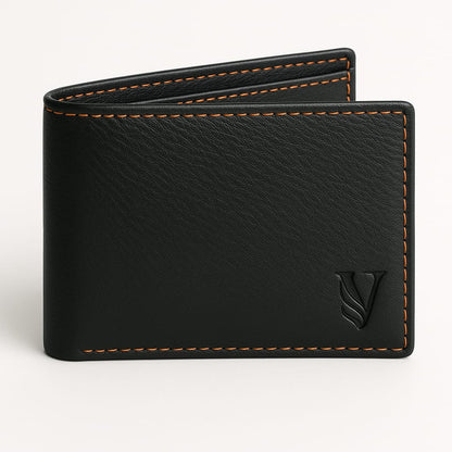 Leather Wallet - Black with Contrast Orange Stitching