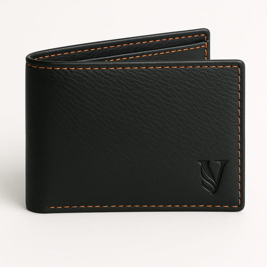 Leather Wallet - Black with Contrast Orange Stitching