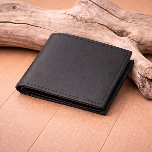 Men’s Black Plain Leather Bifold Wallet with ID Window