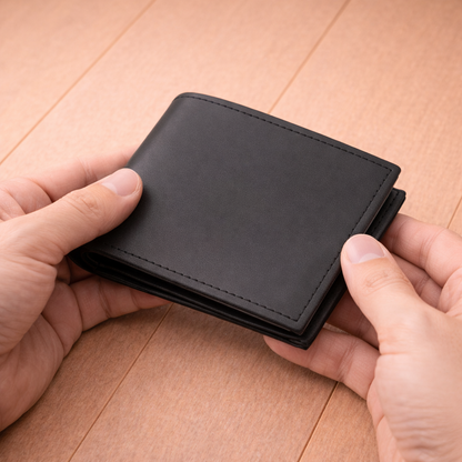 Men’s Black Plain Leather Bifold Wallet with ID Window