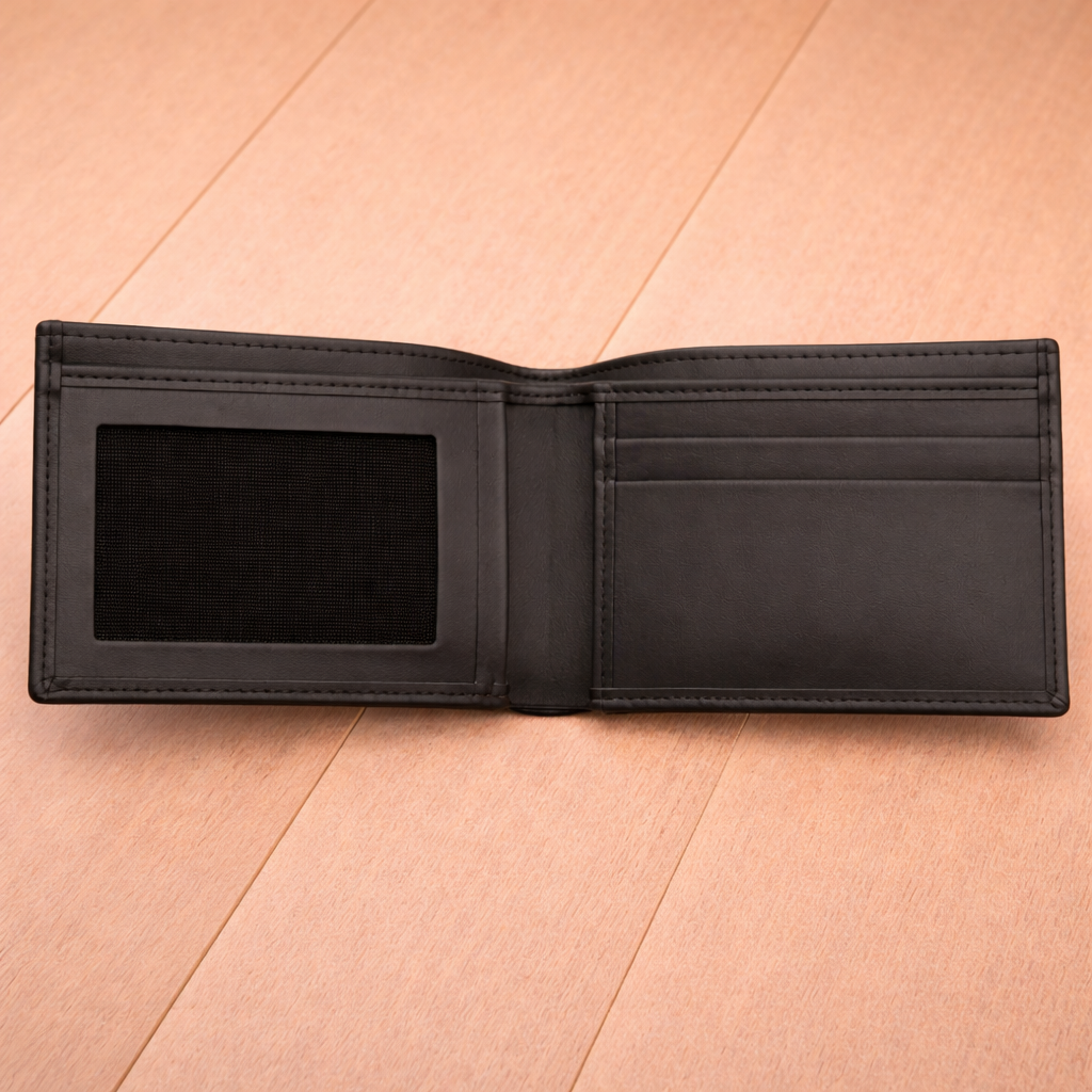 Men’s Black Plain Leather Bifold Wallet with ID Window