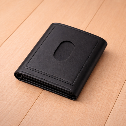 Black Leather Tri Fold Wallet with ID Window