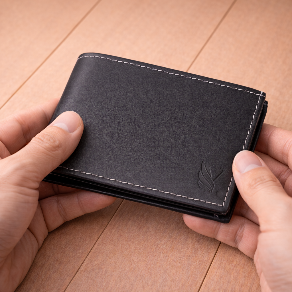 Dark Brown Leather Bi Fold Wallet with Logo Embossing