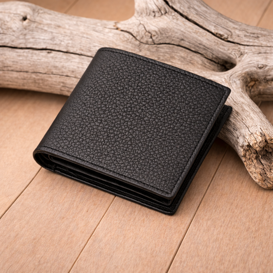 Men’s Black Full-Grain Leather Bifold Wallet – Classic Pebble Texture