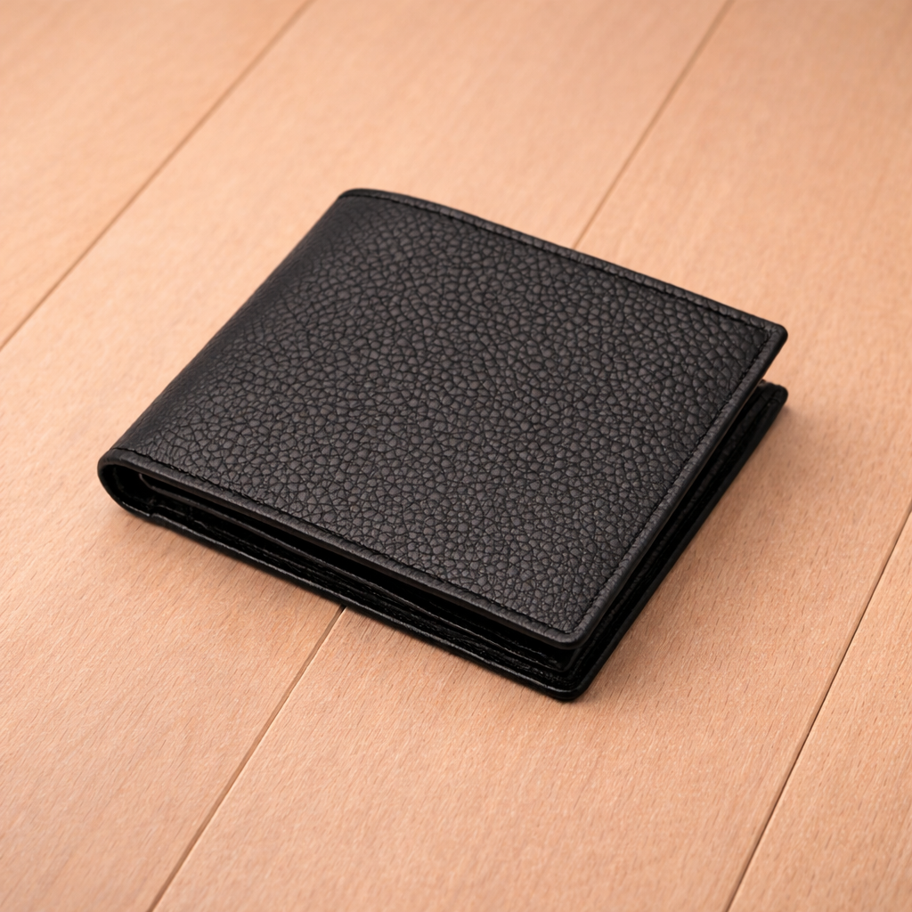Men’s Black Full-Grain Leather Bifold Wallet – Classic Pebble Texture