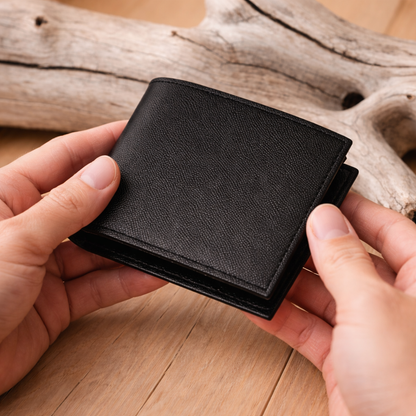 Classic Black Leather Bifold Wallet – with Card Slots & Coin Pocket